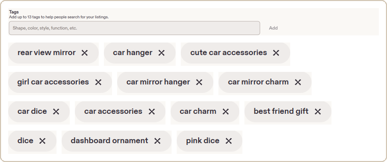 Etsy listing tags shown as raw chips